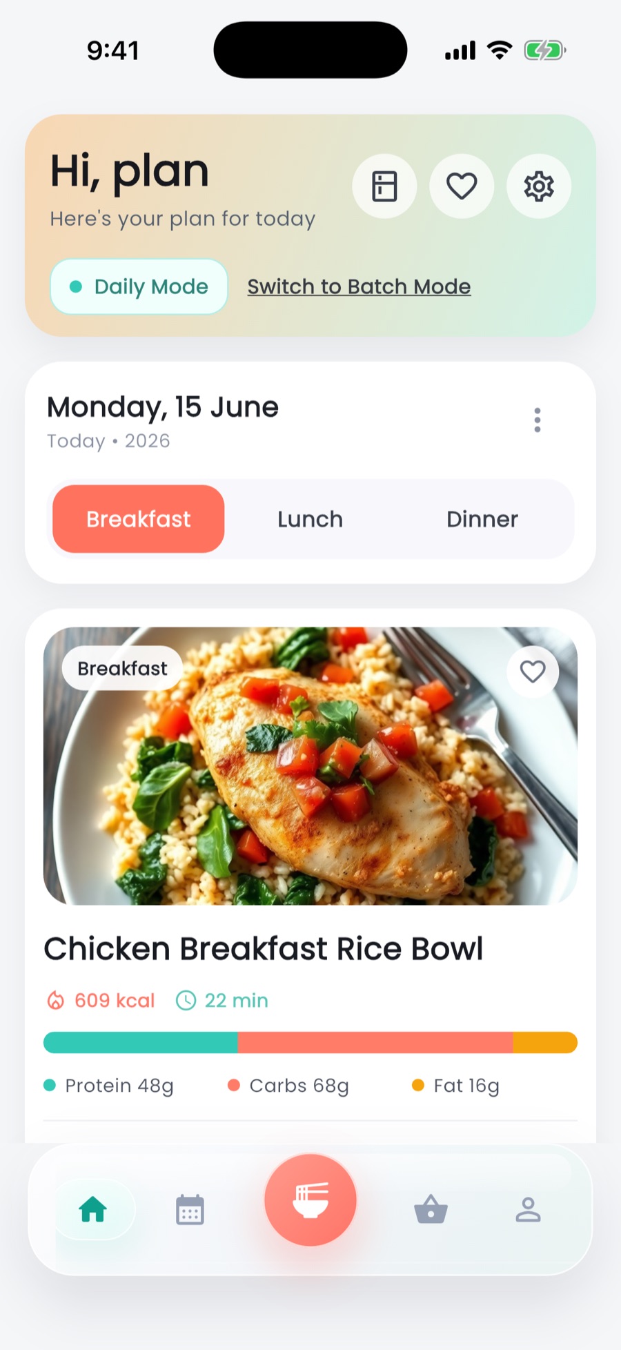 Plan it Prep daily home screen with today's meal plan, macros, and meal card