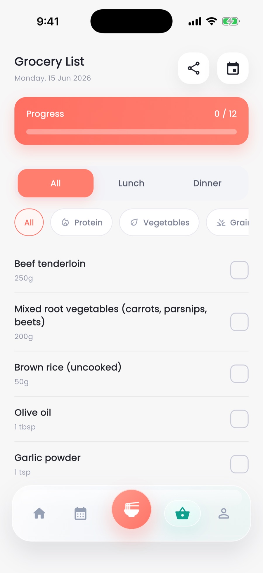 Plan it Prep grocery list screen with meal filters, ingredient groups, and progress